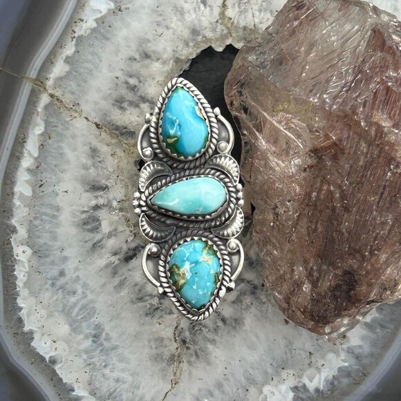 Sterling Southwestern Style 3 Sonora Gold Turquoise Adjustable Ring For Women #1 - Picture 5 of 10